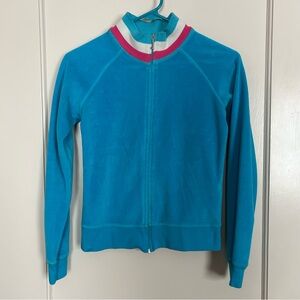 Juicy Couture Blue Velvet Zip-Up Jacket with Striped Collar. Size S.